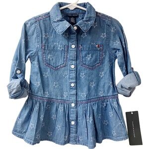 TOMMY HILFIGER Girls Denim Ruffle Shirt Dress Star Print 3T Blue LOGO NEW $55